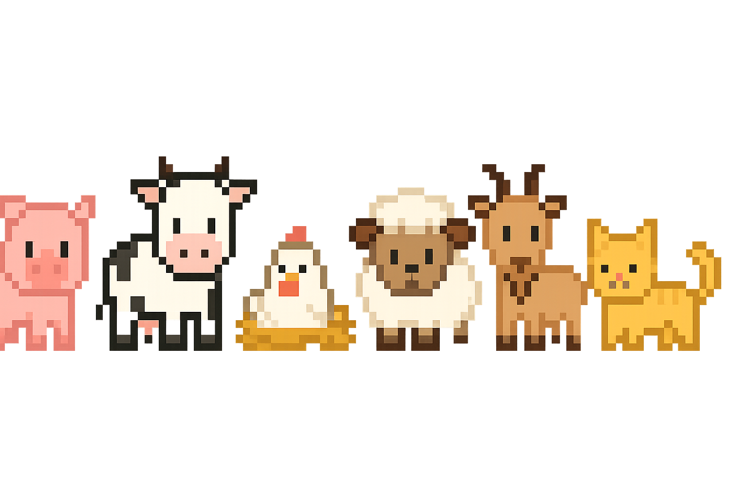 Cute pixel art of various farm animals